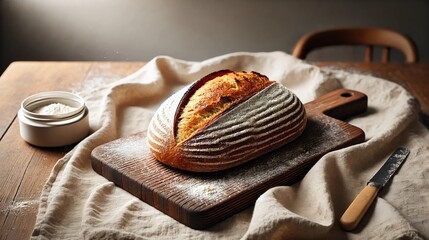 A rustic loaf of freshly baked sourdough bread with a crispy crust, placed on a wooden cutting board, dusted with flour, creating a warm and cozy baking scene