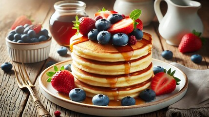A stack of fluffy golden pancakes topped with fresh strawberries, blueberries, and maple syrup on a rustic wooden table, creating a delicious breakfast scene.

