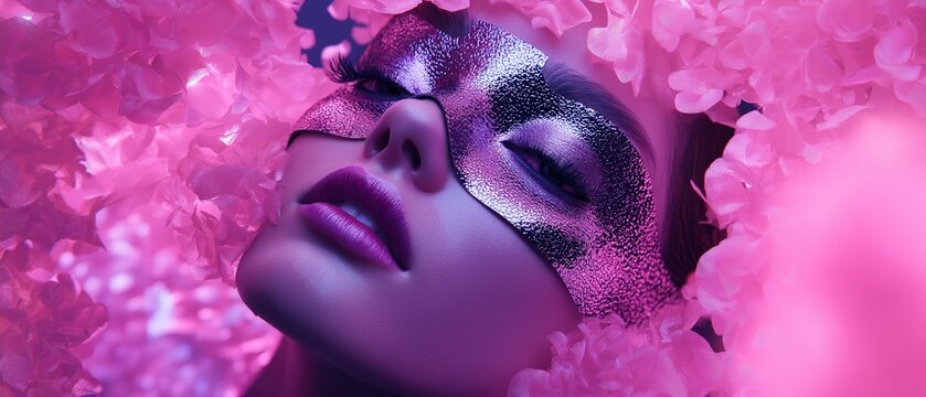 Close-up portrait of a woman's face. she is wearing a black and silver masquerade mask that covers her entire face.
