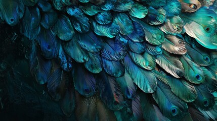Vivid peacock feathers showcase vibrant blue-green hues. The exotic, iridescent texture of the feathers gleams, creating a stunning and alluring backdrop.