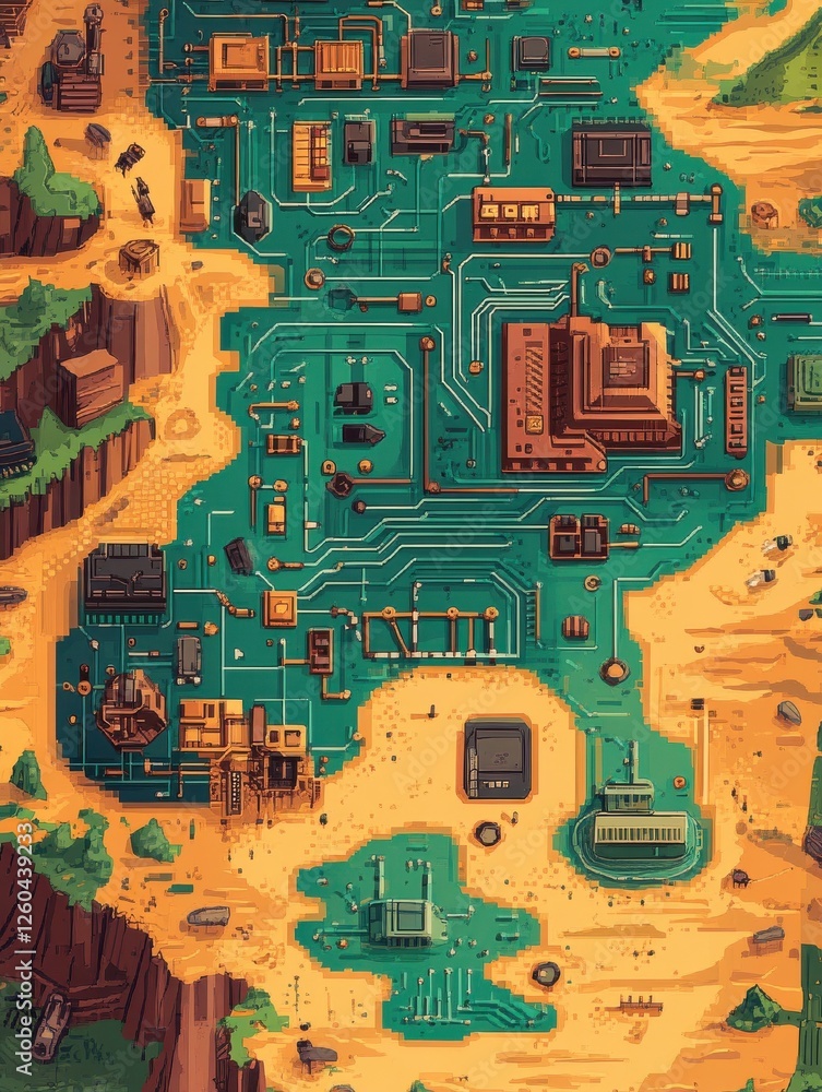 Poster digital circuit board treasure map - cartoon style website background illustration with tech element