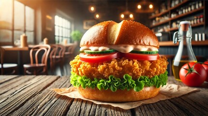 Crispy chicken burger with fresh lettuce, tomato, cucumber, and creamy sauce in a brioche bun, served on rustic wooden table in a cozy restaurant setting