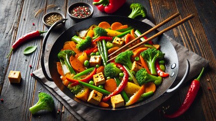 A vibrant vegetable stir-fry with colorful bell peppers, broccoli, carrots, and tofu, cooked in a savory soy sauce, served in a black wok with chopsticks on a dark wooden table