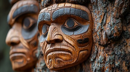 Carved wooden masks on tree trunk, cultural art, outdoor display, possible use for education