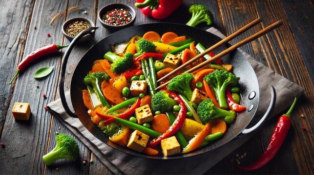 A vibrant vegetable stir-fry with colorful bell peppers, broccoli, carrots, and tofu, cooked in a savory soy sauce, served in a black wok with chopsticks on a dark wooden table