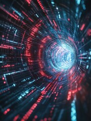 Obraz premium An abstract representation of a ransomware attack, featuring a digital tunnel with red and blue lights symbolizing data flow, hacking, cyber security, and the impact of malware.