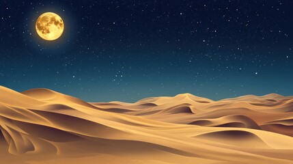 Serene desert landscape under a starlit sky and glowing moon panorama