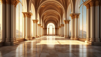 Obraz premium Grand Elegant Corridor with Golden Accents Illuminated by Soft Natural Light and a Serene Mountain View in the Background, Grand Hall of a Gilded Palace