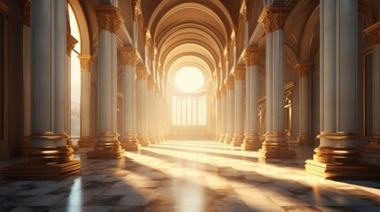 Obraz premium Majestic golden corridor featuring intricate architecture and sunlight illuminating the marble floors, evoking a sense of grandeur and tranquility in a serene environment, Grand Hall of a Gilded Palac