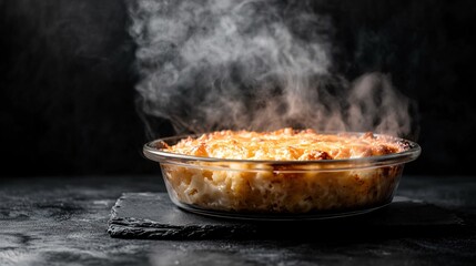 A fresh-out-of-the-oven hash brown casserole in a glass baking dish, isolated on a dark slate backdrop, with steam gently rising from the cheesy surface