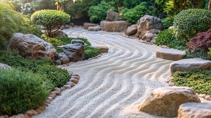 Fototapeta premium Tranquil Rock Garden with Curved Sand Patterns – Ideal for Luxury & Eco-Friendly Campaigns