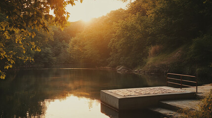 serene lakeside view at sunset with lush greenery surrounding