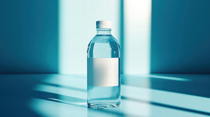 Clear water bottle with white label on bright blue background, showcasing simplicity and freshness. Ideal for hydration and wellness