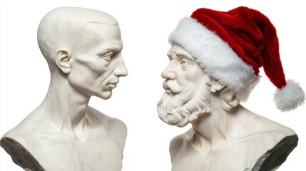 Obraz premium Unconventional Holiday Spirit in Art with Busts Wearing Santa Hat and Artistic Expressions of Emotion