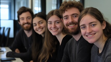 Obraz premium Group of five young people, two men and three women, sitting together and smiling at the camera. they appear to be in a modern office or conference room with large windows in the background.