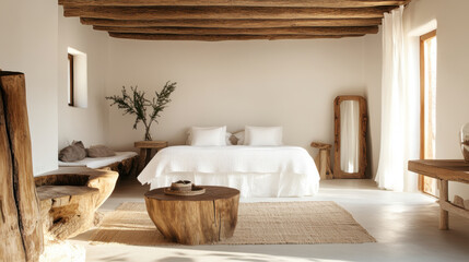 Warm white bedroom with wooden accents and natural decor