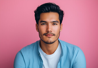 Obraz premium Portrait of an attractive man with black hair and stubble, wearing a blue shirt over a white t-shirt, set against a pink background. Soft, natural lighting enhances the simple and stylish composition.