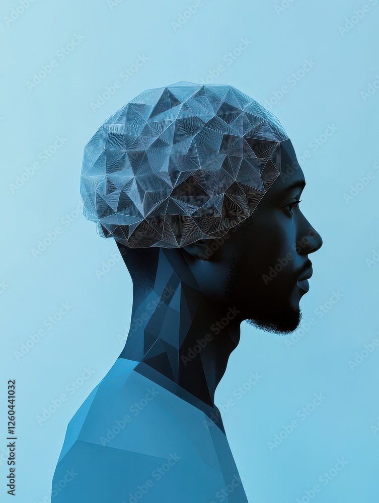 Poster man profile silhouette with abstract polygonal brain on blue background. artificial intelligence and
