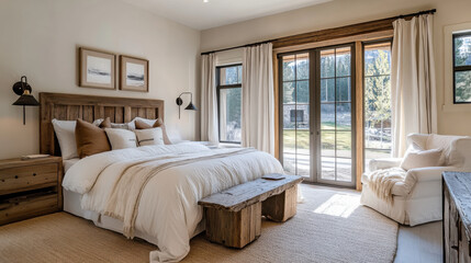Cozy warm white bedroom with wooden accents and natural light