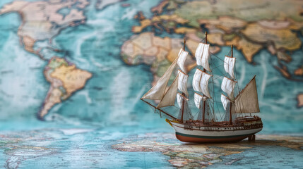 miniature cargo ship with meticulously crafted sails is placed on world map, evoking sense of adventure and exploration. detailed ship contrasts beautifully with vibrant map background