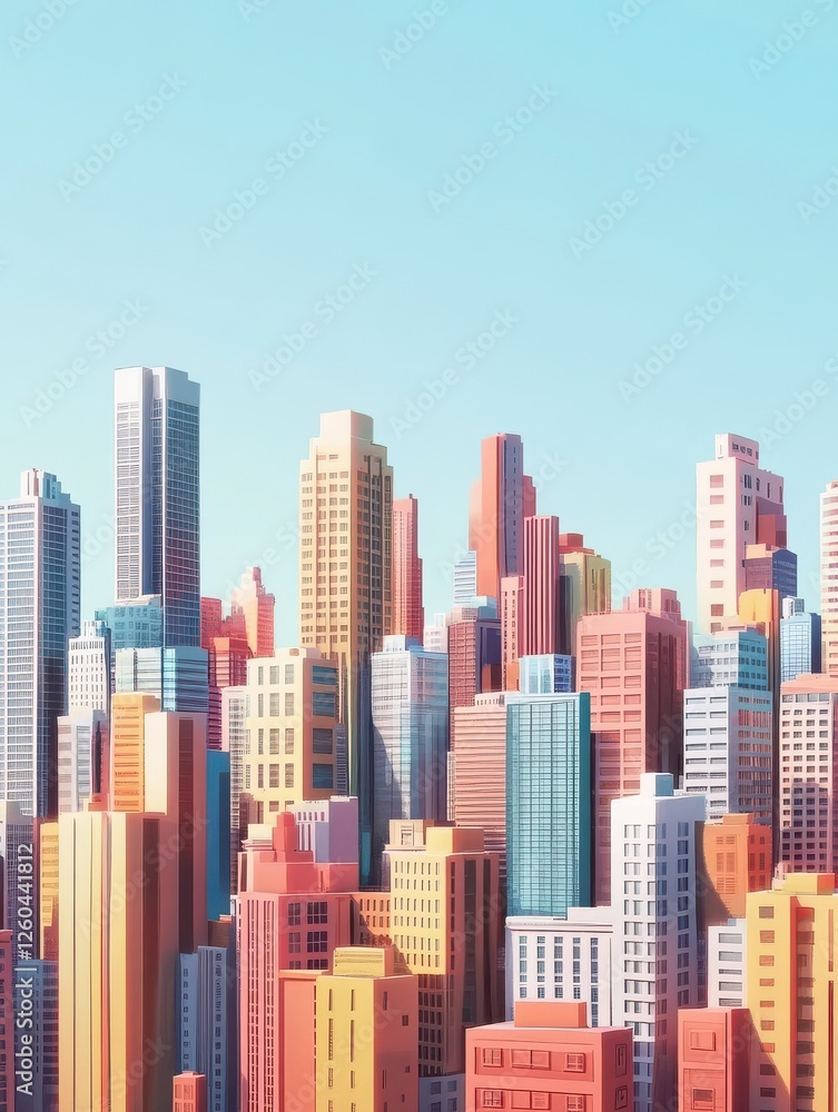 Poster a 2d illustration of a cityscape with 3d skyscrapers emerging from the flat design, creating a dynam