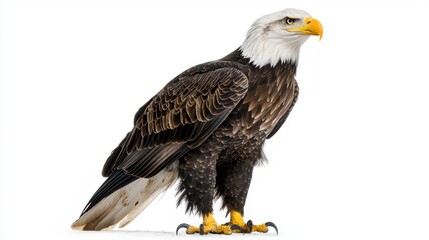 Obraz premium Majestic Bald Eagle Standing Proudly with Sharp Talons and Striking Yellow Beak on Clean White Background