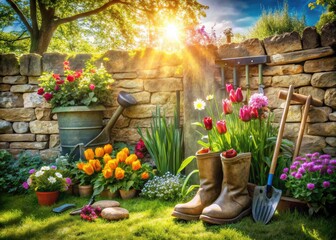 Rustic garden scene: sun-kissed flowers, worn boots, a shovel, inviting copy space.