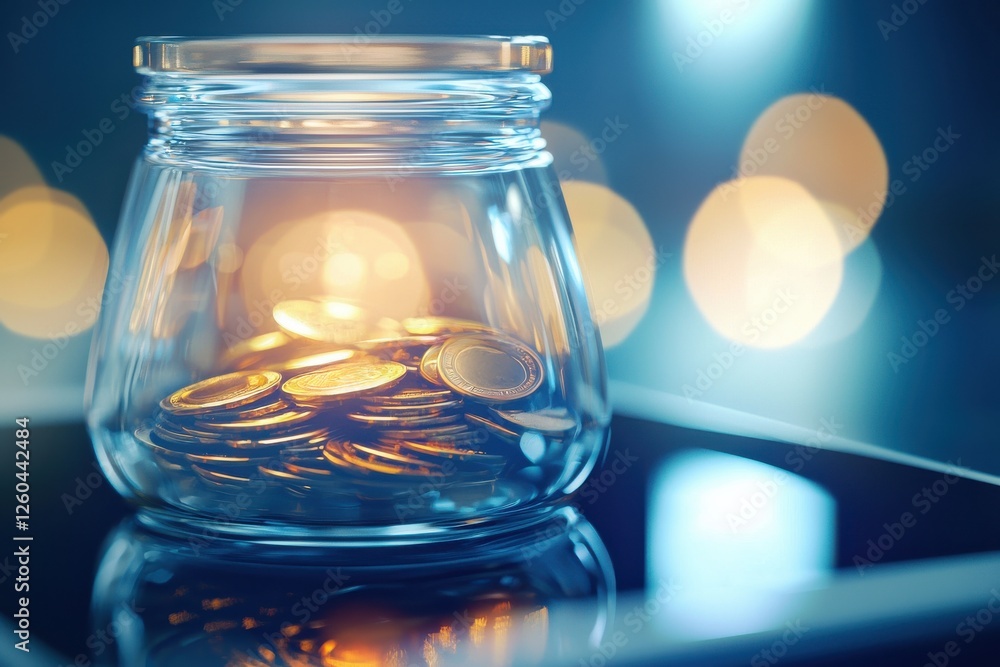 Poster a glass jar filled with coins, illuminated by soft lights, creating a warm and inviting atmosphere t