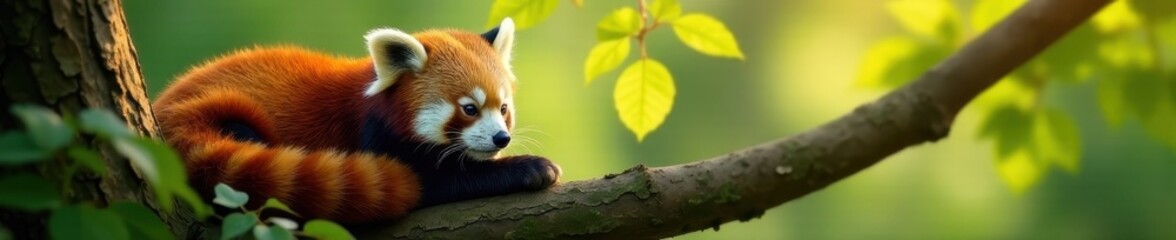Obraz premium Red panda resting in tree, sunlight dappling fur, exotic, nature photography, furry