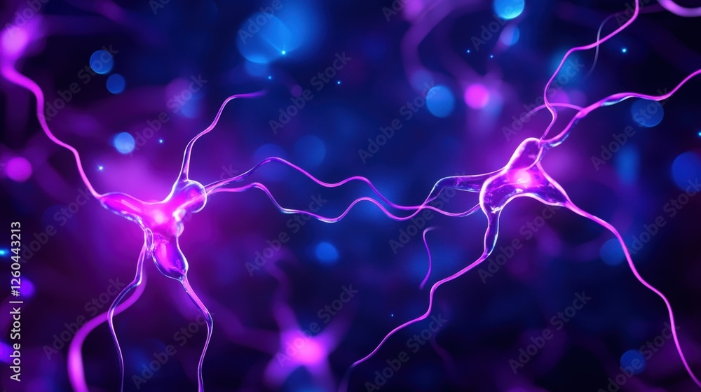 Poster abstract representation of neurons firing, with vibrant purple and blue colors creating a dynamic vi