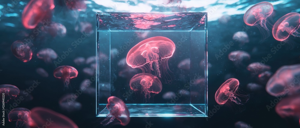 Poster underwater scene with a square glass cube in the center. inside the cube, there are several jellyfis