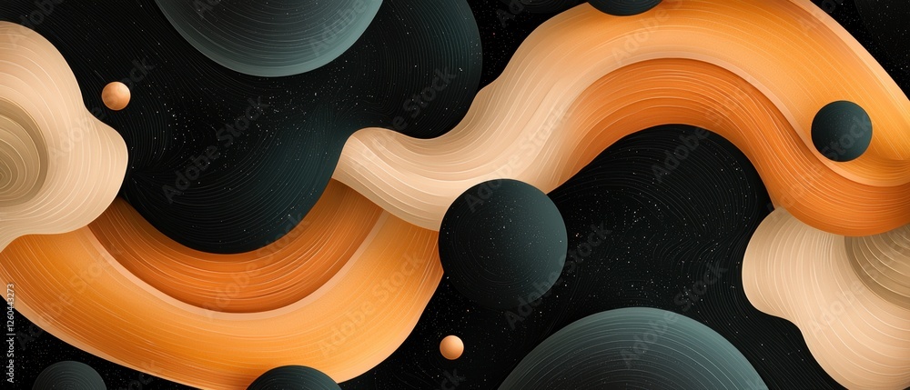Aufkleber abstract digital art piece with a black background. it features a group of curved lines in different