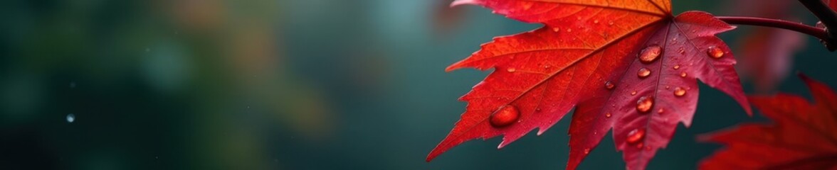 Fototapeta premium Crimson maple leaf, glistening raindrops cling , orange, glossy
