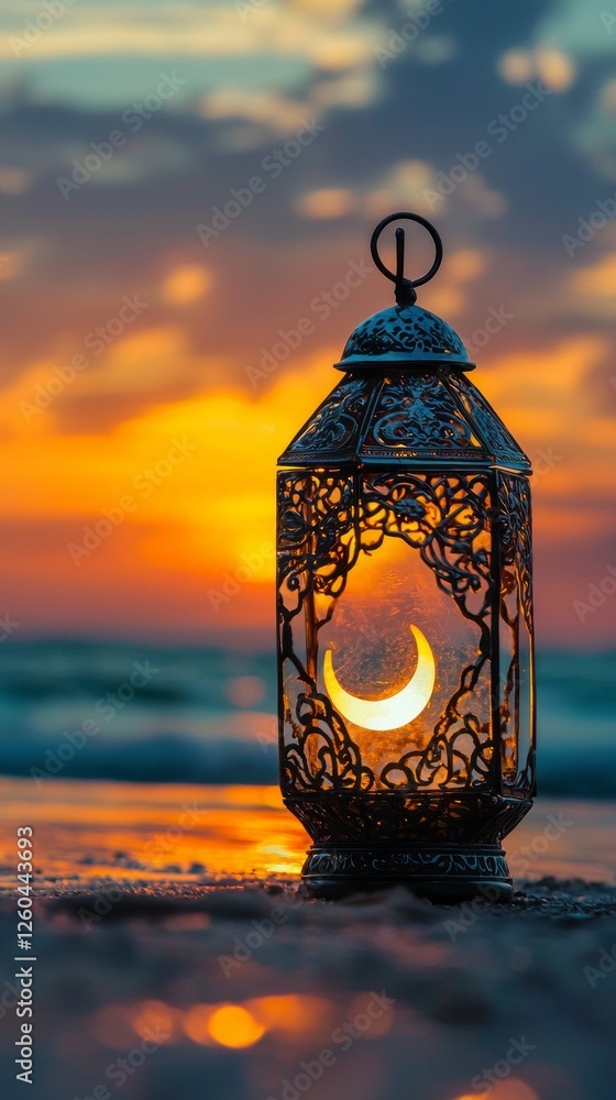 Poster set against a breathtaking sunset, a beautiful lantern lamp casts its warm light while displaying an