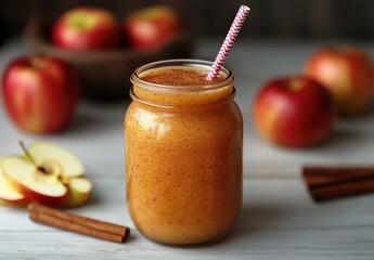 Freshly Blended Apple Smoothie in a Jar Surrounded by Red Apples and Cinnamon Sticks with a Straw on a Rustic Wooden Table Background