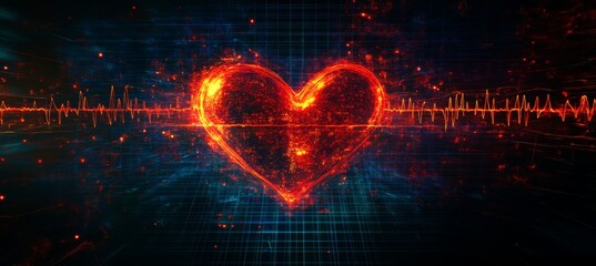 Fiery Red Burning Heart with Digital Electrocardiogram Line on Abstract Technology Background