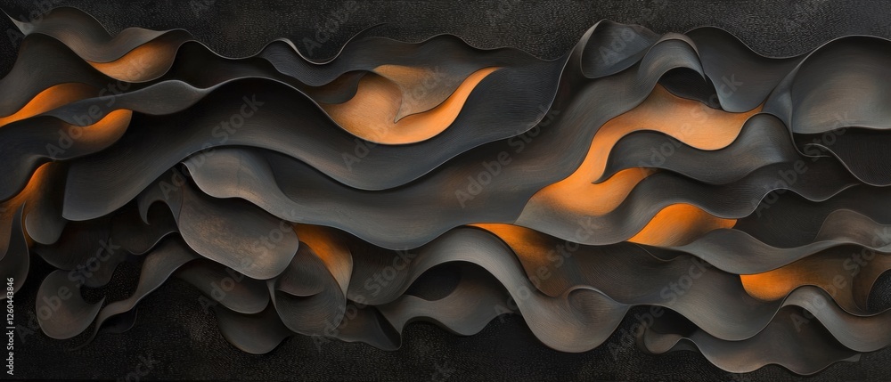 Poster abstract digital art piece that appears to be made up of multiple layers of black and orange wavy li