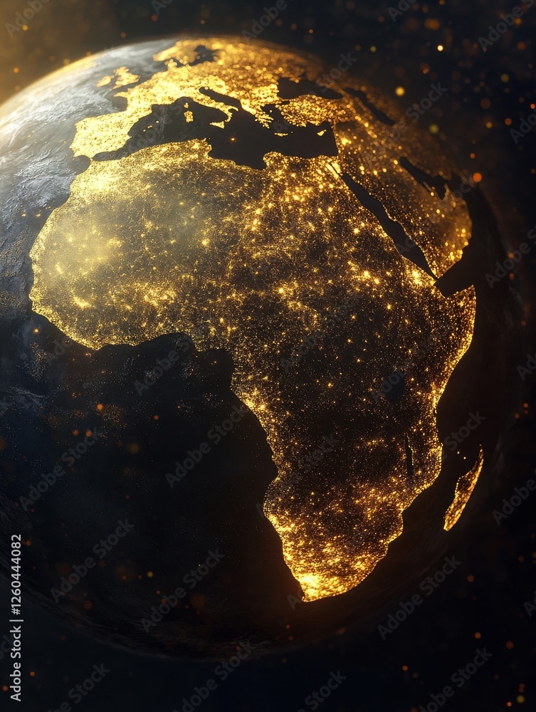 Poster golden highlighted continents on earth with dark background generative ai image