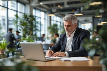 Focused senior professional in suit writing notes at desk with laptop in bright office, surrounded by plants. Business and productivity concept. Ai generative