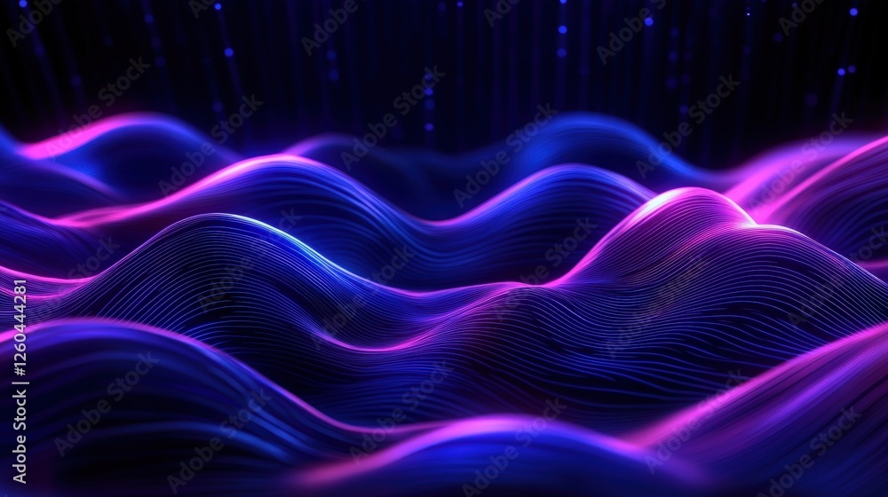 Poster a mesmerizing visual of flowing waves illuminated by vibrant pink and blue light, creating an ethere