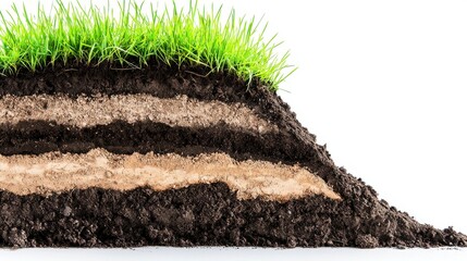 Layers of Soil with Grass on Top in Isolated White Background Showing Earth Texture and Natural Materials