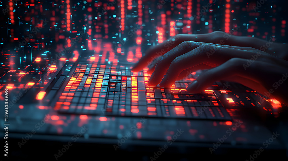 Poster futuristic keyboard with glowing keys, hands typing, data streams, digital technology concept.