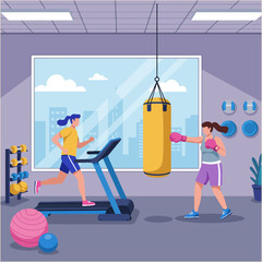 Women Exercising in Gym with Treadmill and Punching Bag Illustration