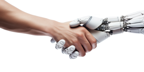 handshake between human and cyborg mechanic AI hand isolated on white or transparent png