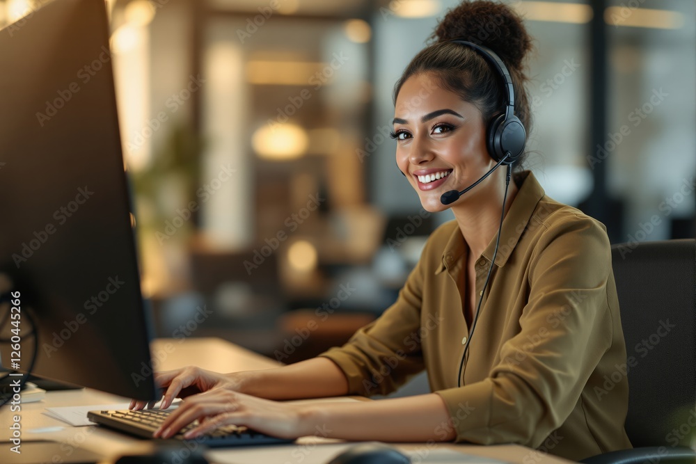 Poster friendly customer service representative wearing a headset, working on a computer in a modern office