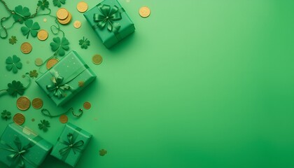 St. Patrick’s Day themed gift boxes with shamrocks and gold coins on a green background
