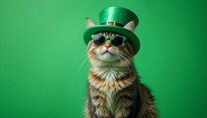 Stylish cat wearing a green leprechaun hat and sunglasses, humorous St. Patrick’s Day pet portrait  