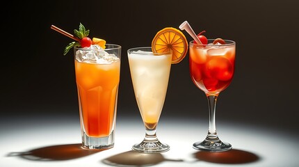 Fototapeta premium Group of three soft drinks in various glasses with garnish