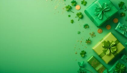 Festive St. Patrick’s Day background with scattered gold glitter, shamrocks, and coins on vibrant green  