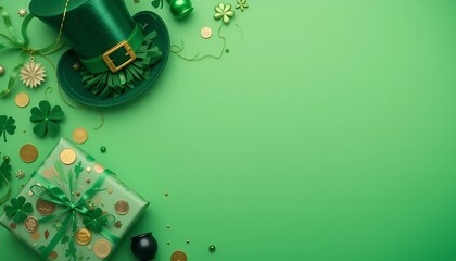 St. Patrick’s Day themed decorations with a green leprechaun hat, shamrocks, and gold coins on green background  